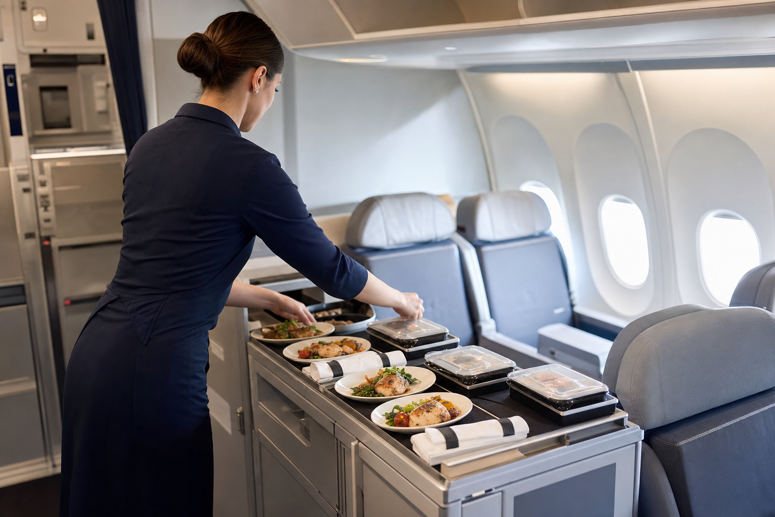 Cabin crew preparing inflight meals inside an aircraft