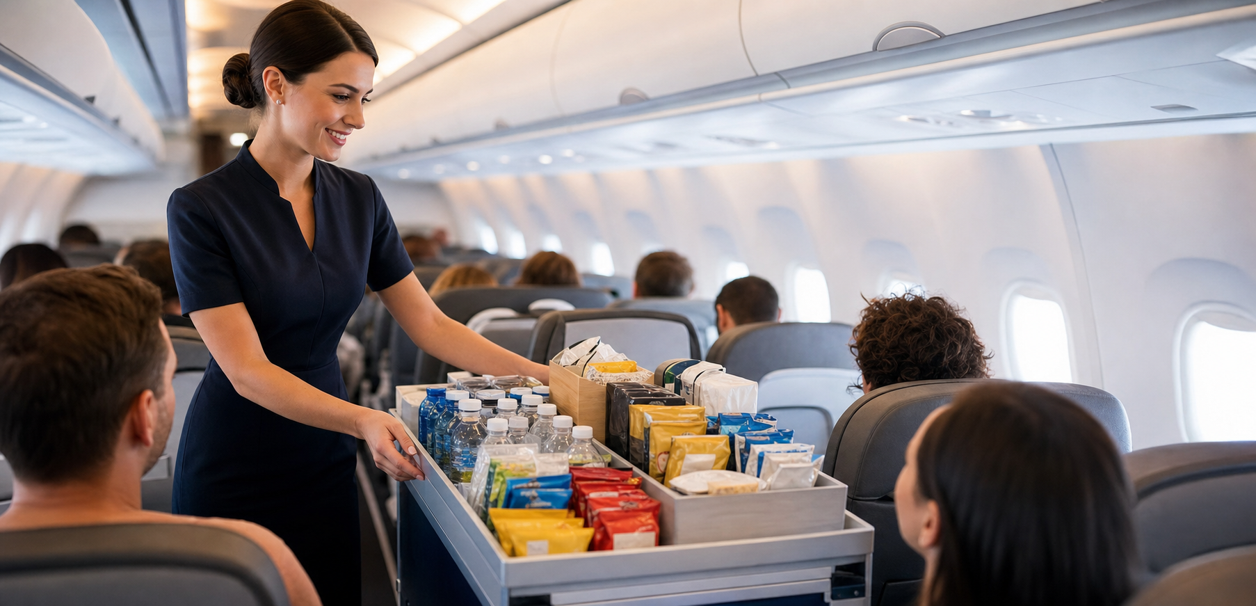 Cabin crew providing onboard Sky Shop service